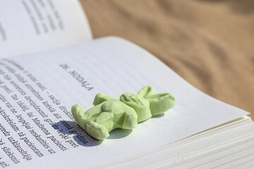 close up of a book with pages and an animal on it