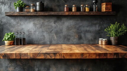 wood countertop in a kitchen showcasing an empty wooden table against a dark concrete wall the design creates a warm yet modern ambiance perfect for product display or creative presentations