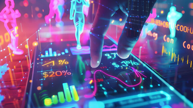 A hand interacting with a smartphone displaying vibrant fitness data and analytics at night