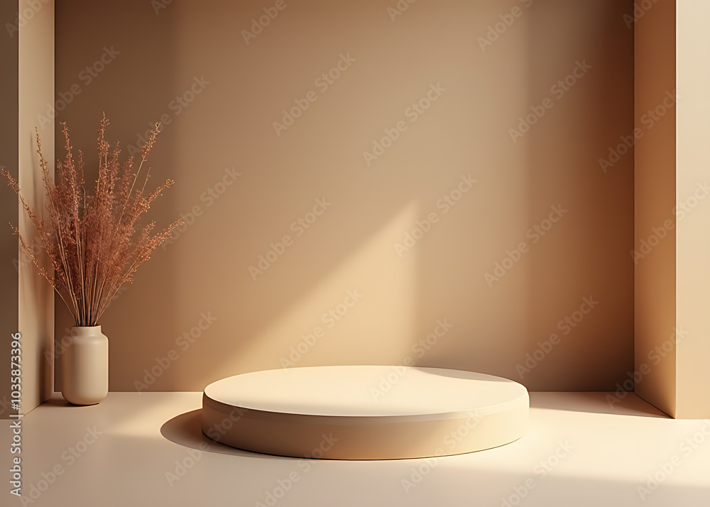 Aufkleber beige round podium in stylish room for luxury product display with abstract design elements and brow