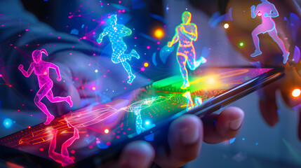 Virtual runners project onto smartphone screen during a night-time jog in a vibrant setting