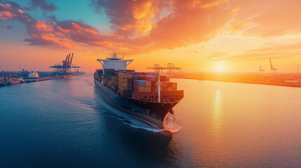 Obraz premium Cargo ship loaded with containers approaching a bustling port, cranes in the background