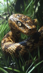 Obraz premium A brown snake with yellow eyes in green grass.