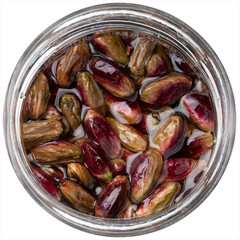 Bronte pistachio in honey, typical Sicilian sweetness, top view isolated on white