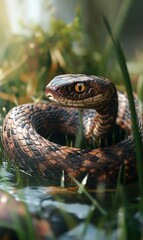 Fototapeta premium A snake with yellow eyes coiled in grass.