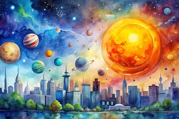 Obraz premium Watercolor Illustration of Celestial Bodies - Sun, Earth, Planets, Stars for Urban Exploration Photography