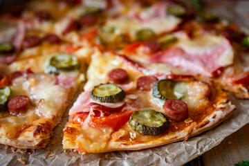 Hearty lunch, Italian cuisine: pizza with bacon, pickled cucumbers, tomato sauce, tomatoes and mozzarella on a wooden table. Close-up.