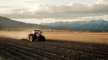 Obraz premium A tractor working the soil in a field, with a stunning backdrop of nature -