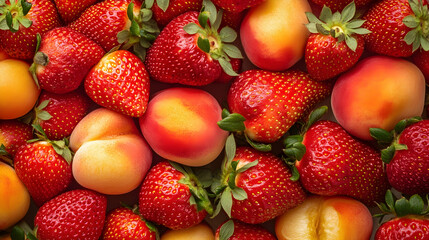 A vibrant arrangement of whole peaches and strawberries, top view  -