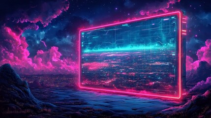 Futuristic Digital Landscape with Neon Display in a Cosmic Setting