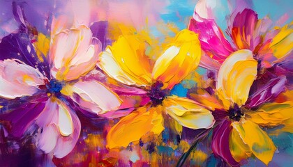 abstract flowers painting purple pink and yellow original hand drawn impressionism style color texture brushstrokes of paint art background modern art contemporary art