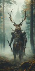 Naklejka premium Armored deer warrior stands in misty forest.