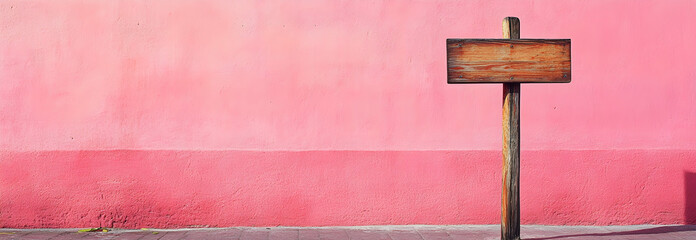 A wooden signpost standing in the middle of a pink wall, creating a bold contrast. -