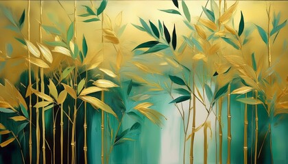 abstract painting of green and gold bamboo