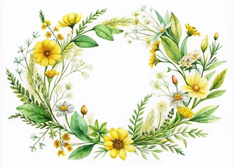 Fototapeta premium Watercolor Yellow Wildflower Wreath for Invitations and Cards Design