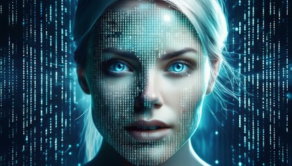 abstract portrait of a woman with binary code overlay futuristic concept
