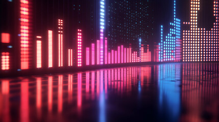 Neon lights designed to produce an equalizer effect, accompanied by patterns resembling sound waves.