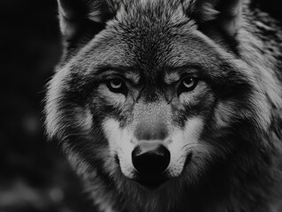 Fototapeta premium A black and white photo of a wolf's face