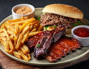 barbecue restaurant food selection barbecued pork ribs beef ribs pulled pork sandwich and beef dip with home cut french fries