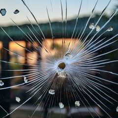 bullet holes in a restaurant window serve as a reminder of a past conflict with cracks extending from the holes and forensic markings evident on the glass