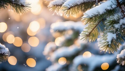 christmas tree branches with light covered with snow new year holiday blurred background