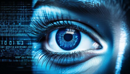close up of a blue eye with digital data and code overlay representing technology and information overload