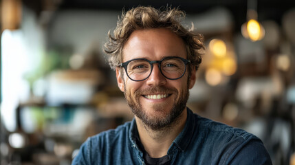 Obraz premium smiling man with glasses and curly hair is sitting in cozy, warmly lit room, exuding friendly and approachable vibe. background is softly blurred, enhancing focus on his cheerful expression