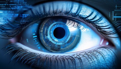 close up of a blue eye with digital data and code overlay representing technology and information overload