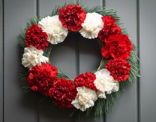close up of a floral wreath adorned with red and white carnations