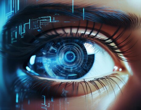 close up of a human eye reflecting a futuristic cityscape