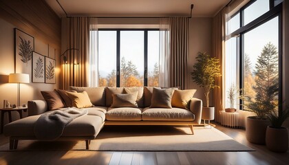 Fototapeta premium cozy living room with warm lighting and a comfortable sofa