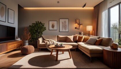 Fototapeta premium cozy living room with warm lighting and comfortable sofa setup
