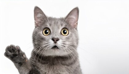 Fototapeta premium A gray shorthair cat isolated on white background. Scared or surprised cat. The cat has its paw raised as if it were staring and paralyzed by what it sees. 