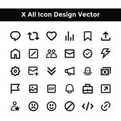 X or Twitter icon or UI  interface icon or logo set vector design symbol collation. X  all design elements vector. Social media icons home, search, notification, message, grok, more, profile etc.