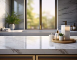 empty marble top table with blurred bathroom interior background for product display ai