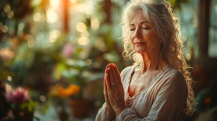 Senior Woman Meditating in a Sunlit Greenhouse