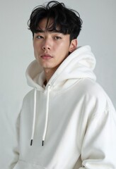 Fototapeta premium Young korean man in white hoodie. poses confidently against white background 