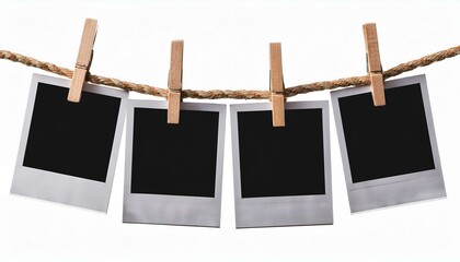 four blank instant photo frames hanging on a rope isolated on white background  file
