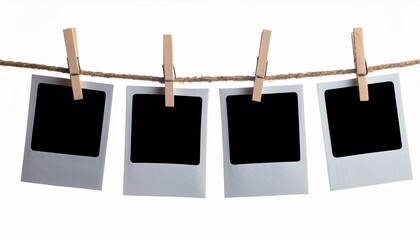 four blank instant photo frames hanging on a rope isolated on white background  file