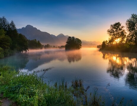 foggy sunrise on adda river airuno brianza lecco province lombardy italy europe