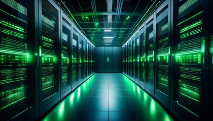 Fototapeta premium futuristic server room with glowing green lights high tech server room with racks of data servers and glowing green led lights symbolizing modern data center technology