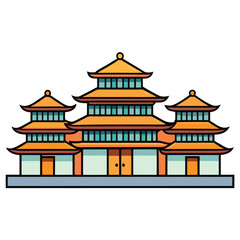 religious taoism, Chinese house building cartoon vector illustration. white background