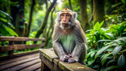 Fototapeta premium Wild Macaque Monkey in Sacred Monkey Forest Sanctuary, Bali - Minimalist Jungle Photography