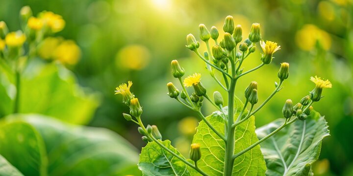 Wild Lettuce Lactuca Virosa Medicinal Plant Closeup with Flowers and Fruits in Natural Field