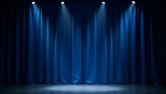 Blue silk curtains cover a dimly lit empty stage for a dramatic solo performance under spotlight.