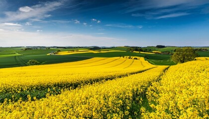 green and yellow farm fields with canola rapeseed in skane sweden during spring