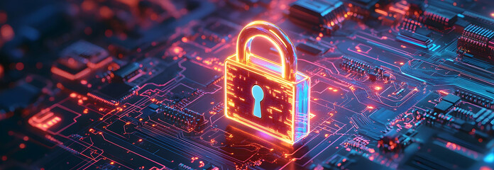 An artistic representation featuring a radiant padlock placed on a circuit board, signifying the importance of cybersecurity.