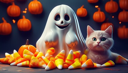 halloween safety tips featuring a ghost made of candy corn and a playful cat