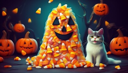 halloween safety tips featuring a ghost made of candy corn and a playful cat
