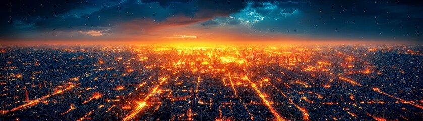 Fototapeta premium Stunning Cityscape at Dusk with Fiery Sunset and Illuminated Streets